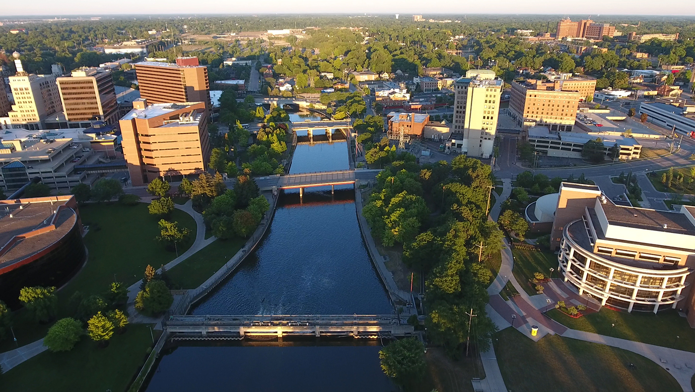 An aerial view of the Flint River running through downtown Flint.