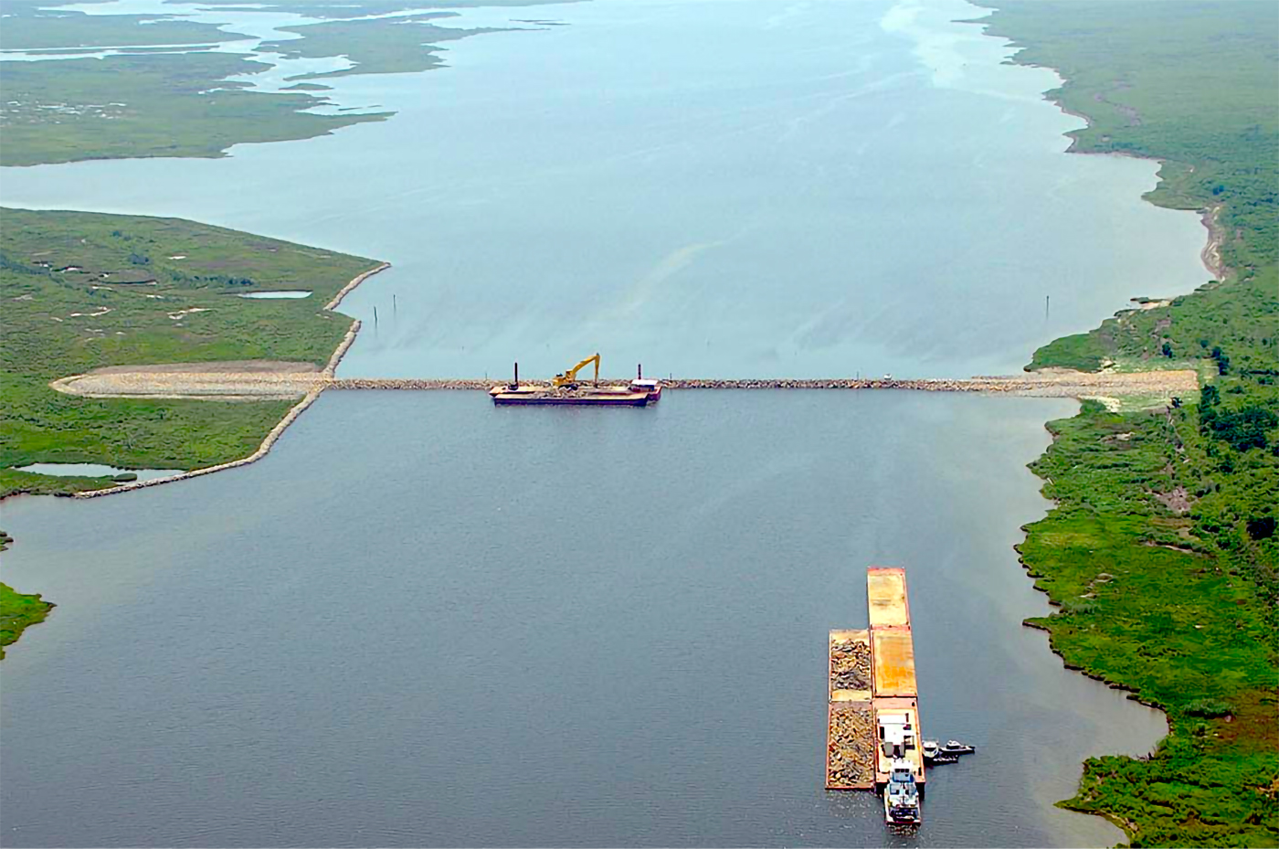 Aerial image of MRGO Rock Dam and canal in Louisiana.