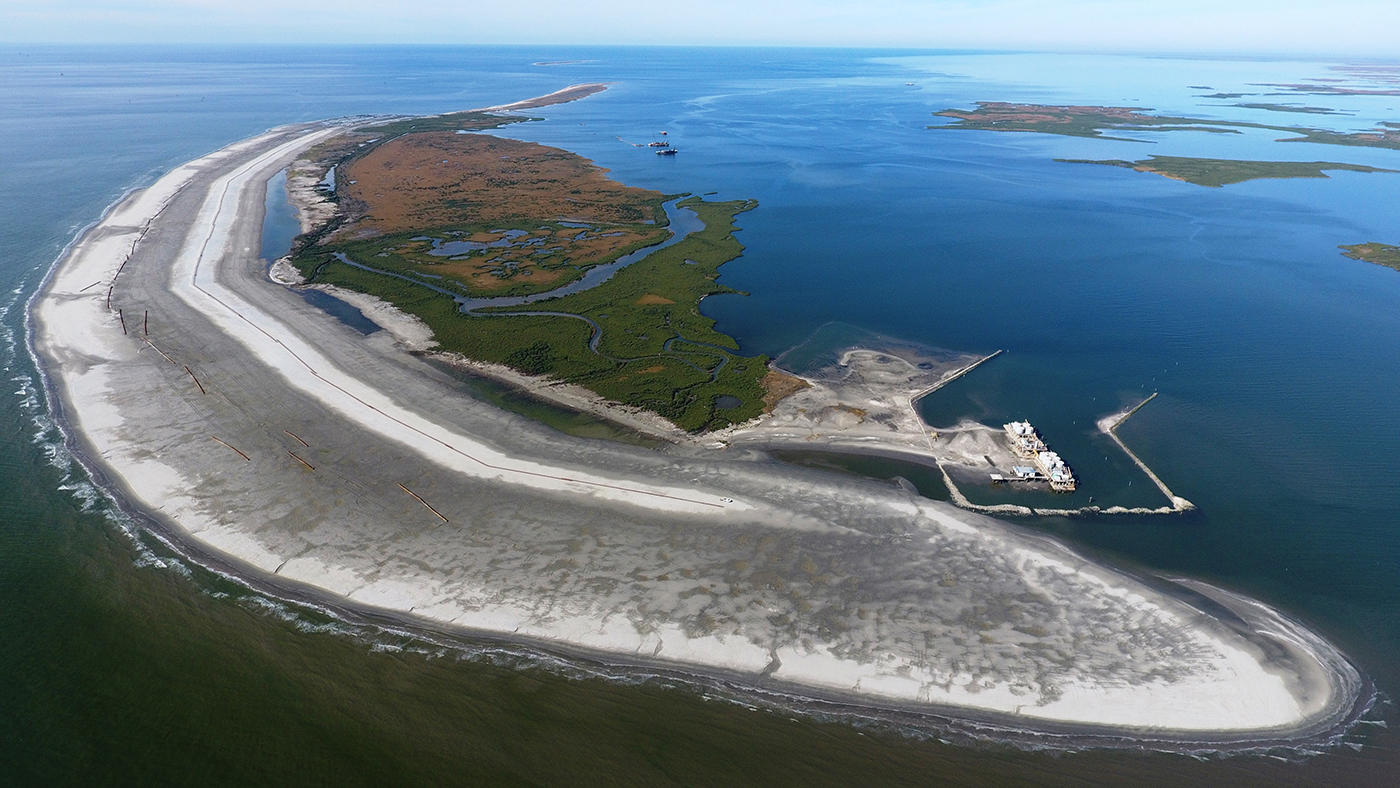 Aerial image of the Calliou Lake Headlands and Whiskey Island Restoration east end in Louisiana.