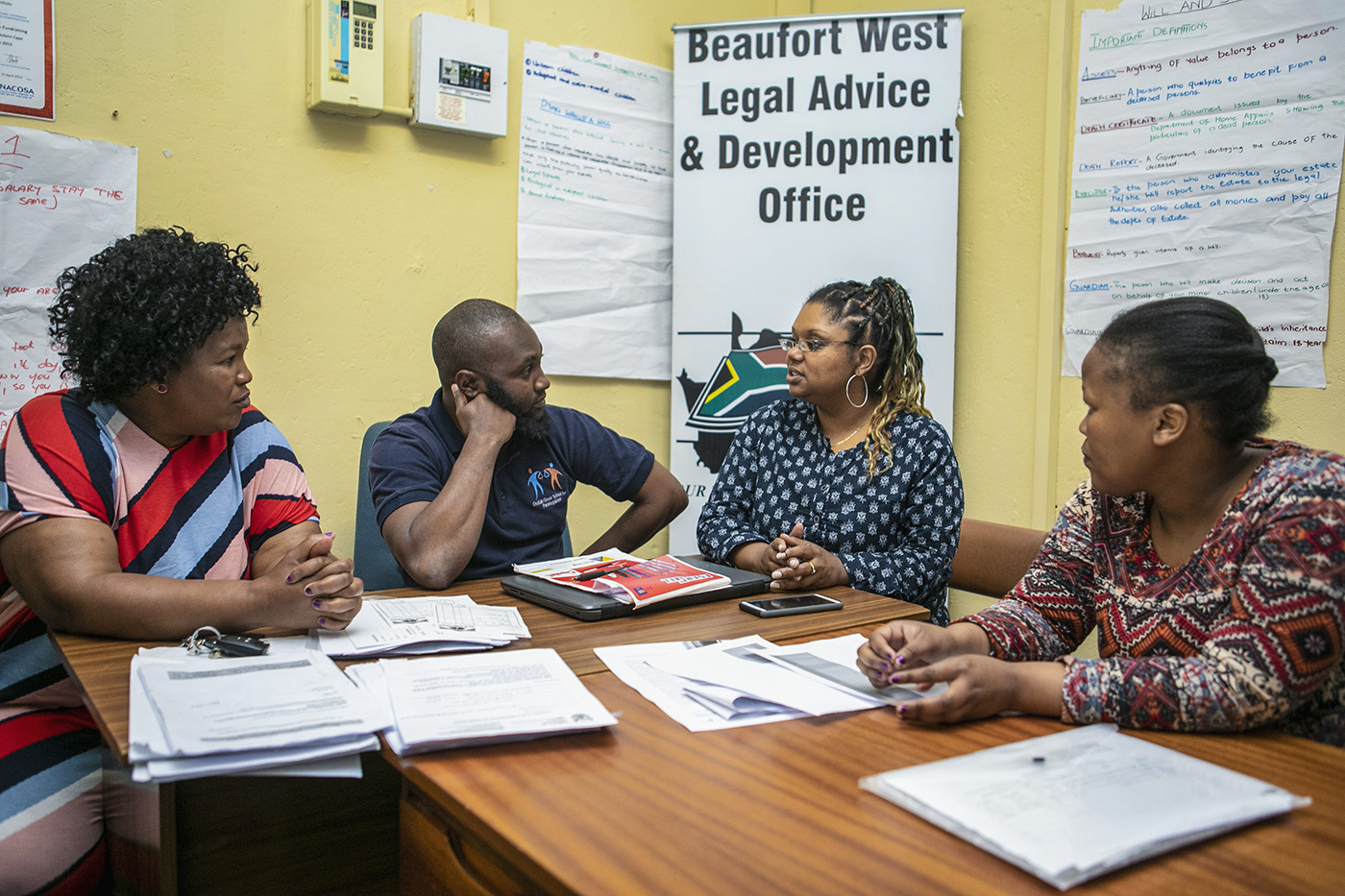 Colleen Julies of Social Change Assistance Trust speaks with paralegals at the Beaufort West Legal Advice and Development Office in South Africa.