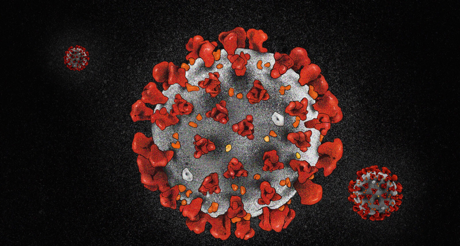 Three illustrated COVID-19 viruses are depicted on a black background. Red spikes surround the round gray virus.