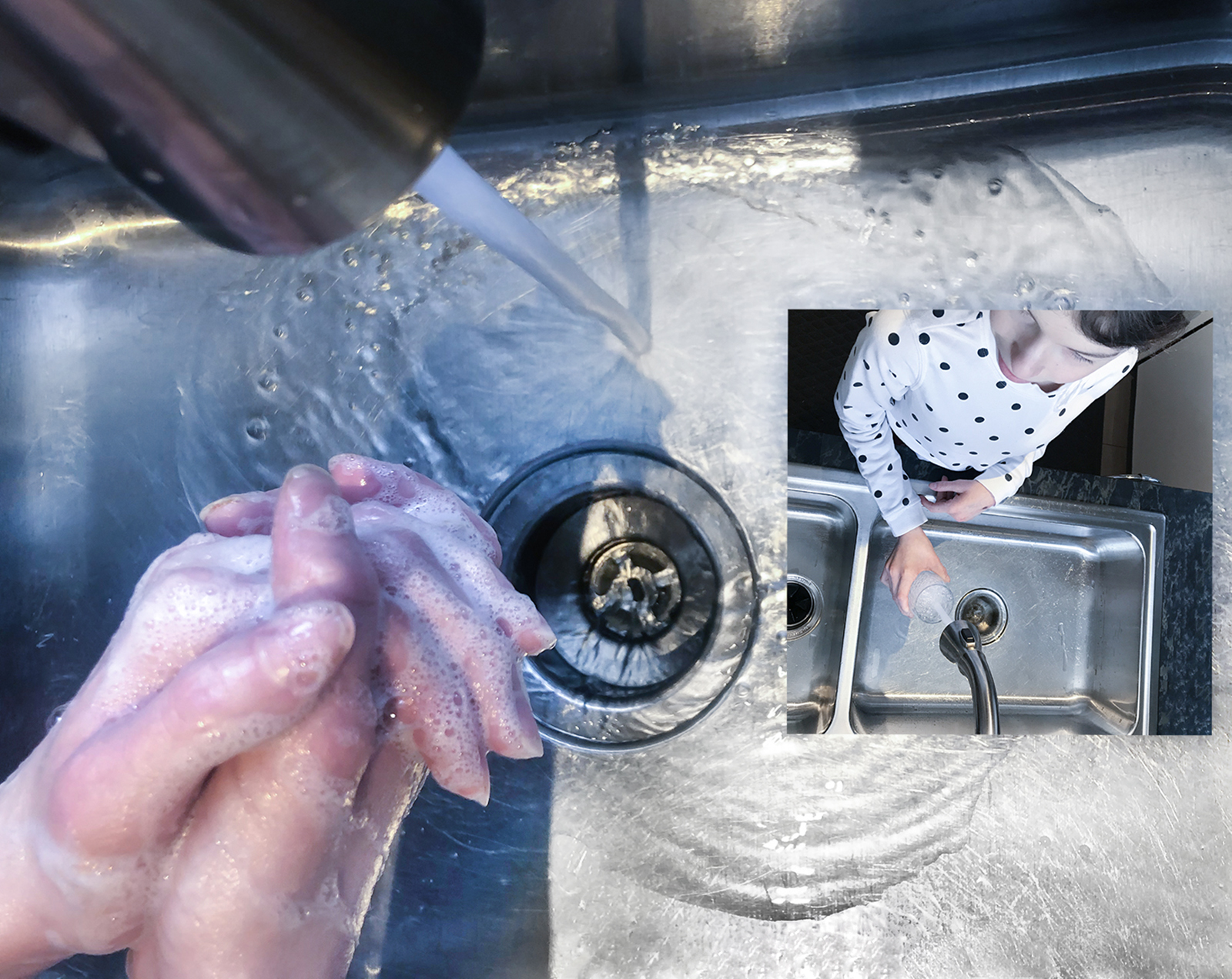 Soapy hands are rinsing off in a steel sink.