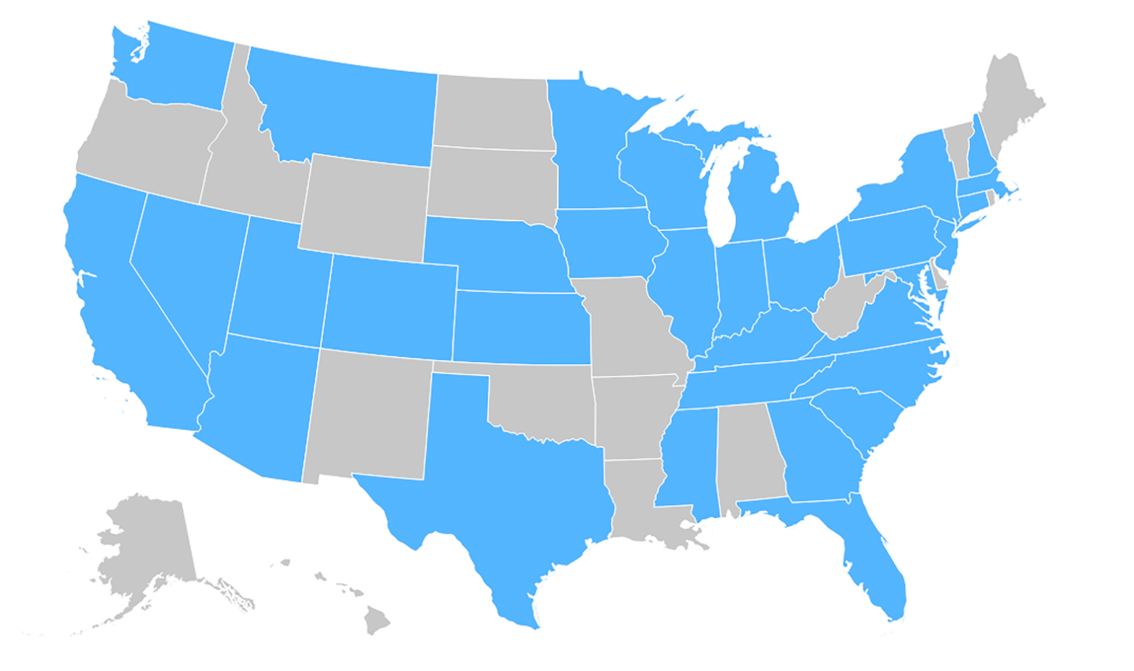 A map of the united states with the outline of states drawn with white lines. Thirty states are shaded in blue to represent where the America's Promise Alliance has awarded over 100 Power of Youth challenge grants.