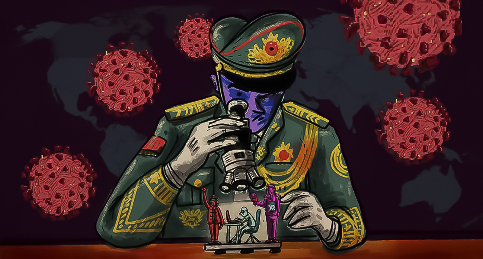 An illustration shows a man in a uniform looking through a microscope at a group of activists.