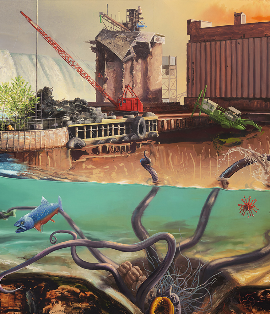 A painting shows a water scene from under and above the water. Above the water is a dystopian scene of construction and pollution. Below the water shows colorful wildlife.