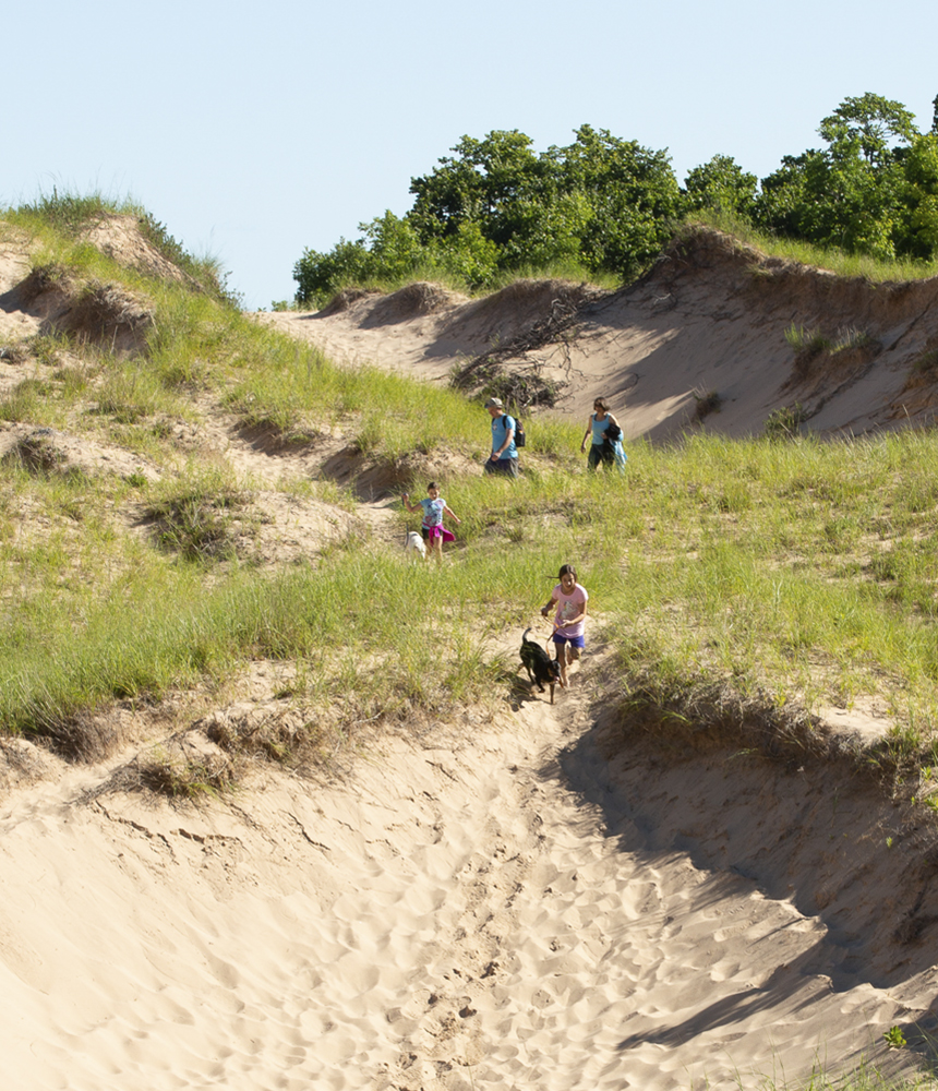 A family hikes down a large sandy dune on a sunny day.