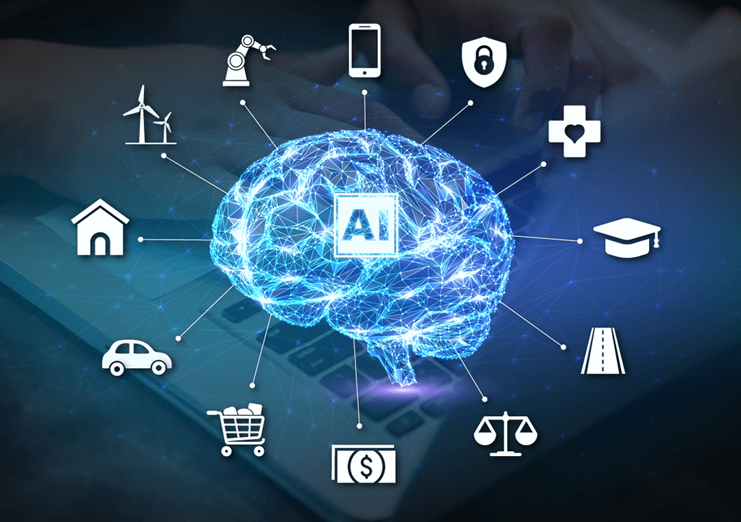 An illustration depicts a brain made from strings of lights overlaid on a laptop and surrounded by technology, education and health related icons.