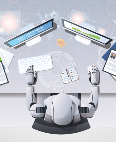 An illustration shows a robot sitting at a computer surrounded by slides and paperwork.