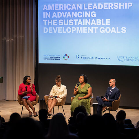 A group of four people sit on a stage in front of an audience. One woman is speaking into a microphone. A screen behind the group has logos for American Leadership on the Sustainable Development Goals, Center for Sustainable Development at Brookings and United Nations Foundation.