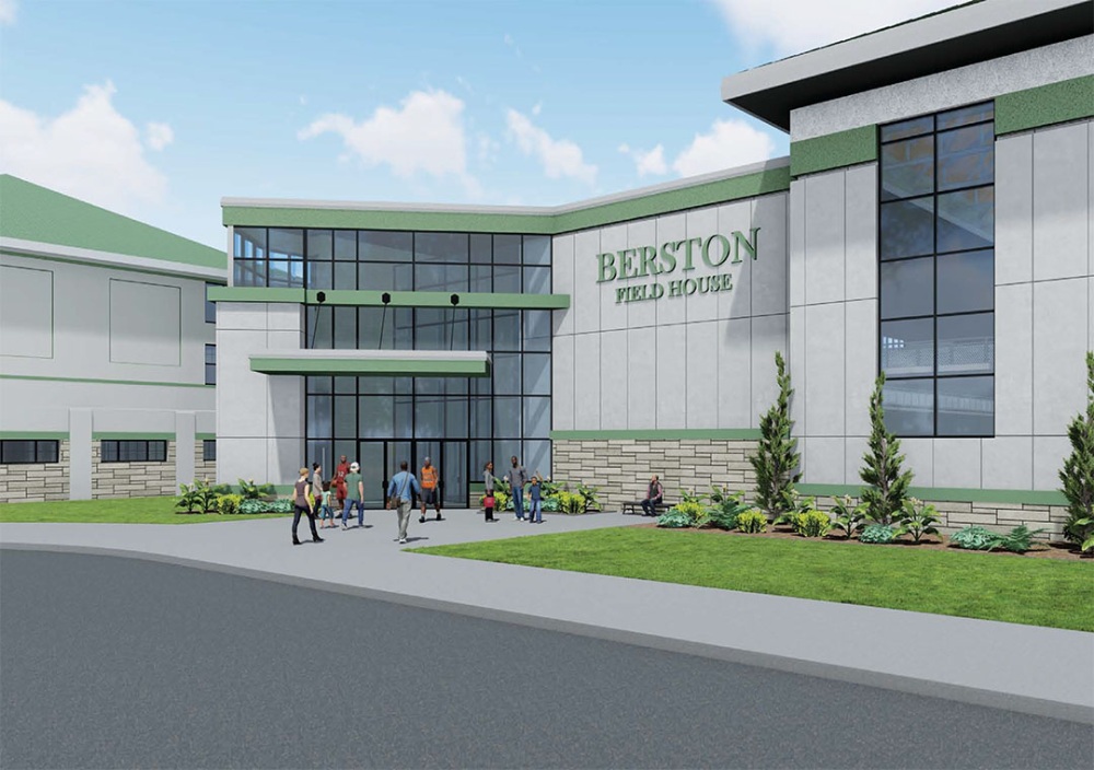 This realistic rendering shows people walking in and out of the newly renovated Berston Field House building's back entrance.