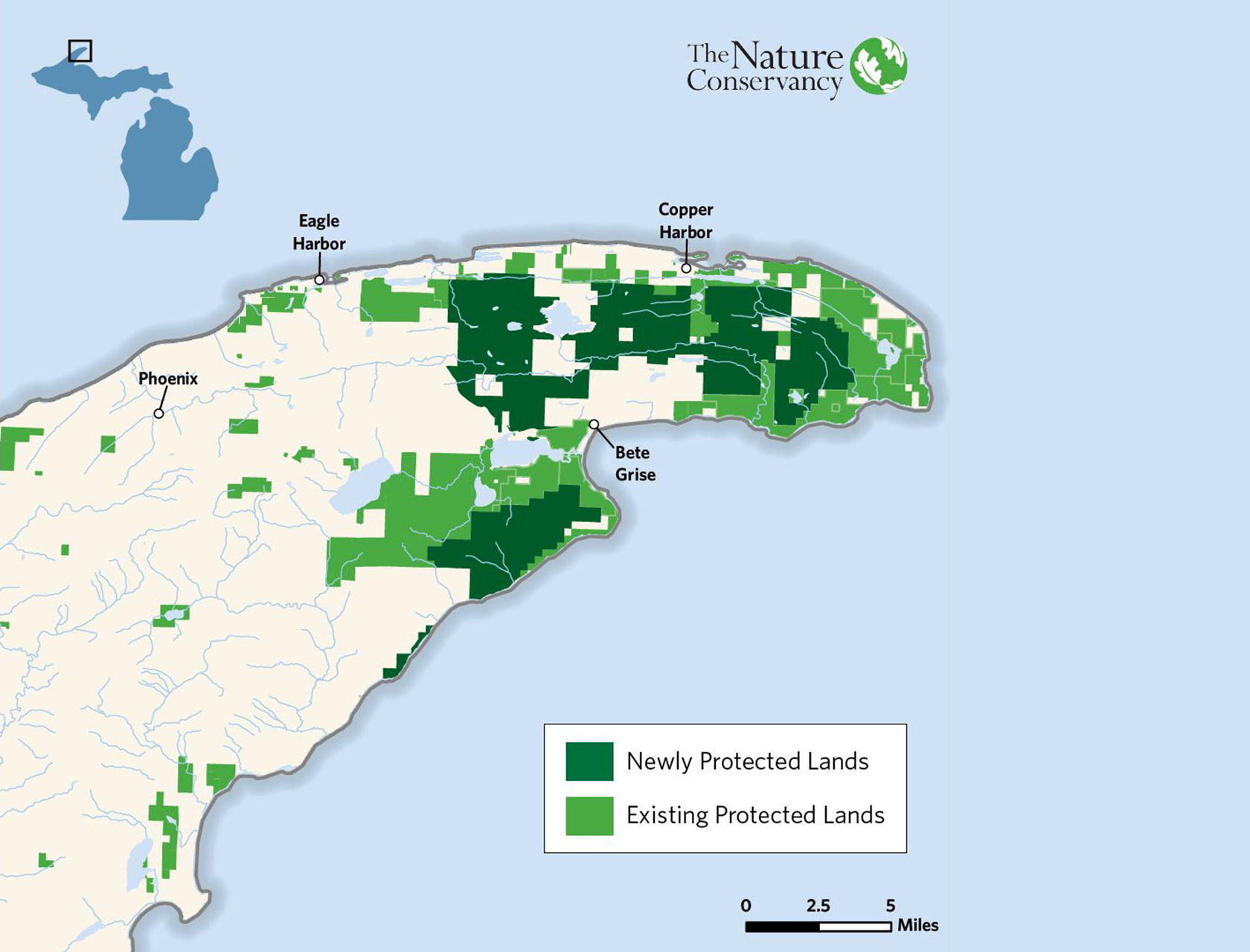 A map from Nature Conservancy showing The Keweenaw Heartlands project series of land acquisitions that have protected most of the tip of the scenic peninsula.