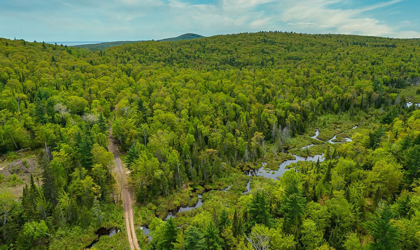 Aerial view of the Keweenaw Peninsula with a river and road crisscrossing each other in the middle of the green lush forest.
