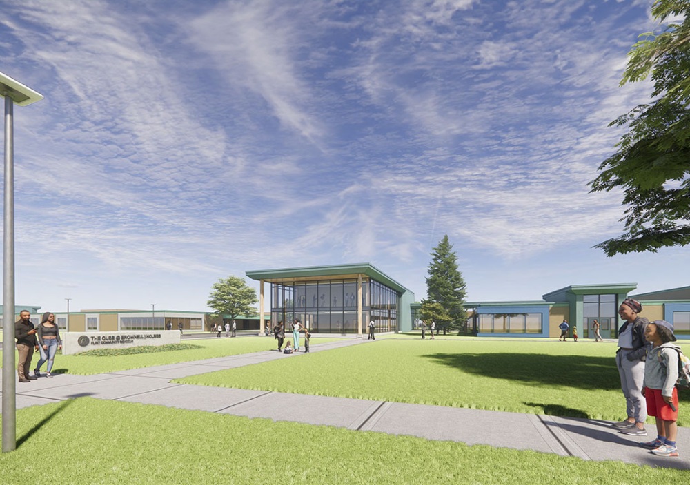 This rendering shows The Cube built between Brownell STEM Academy to the right and Holmes STEM Middle School to the left.