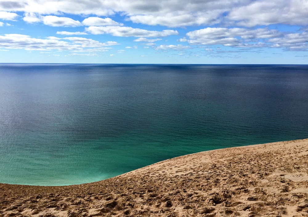 A view of Lake Michigan from the top of Sleeping Bear Dunes.