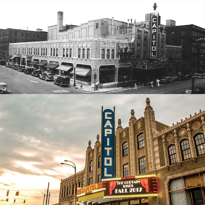 Flint's Capitol Theatre exterior is shown split into an archival black and white photo on the top, and a contemporary photo on the bottom.