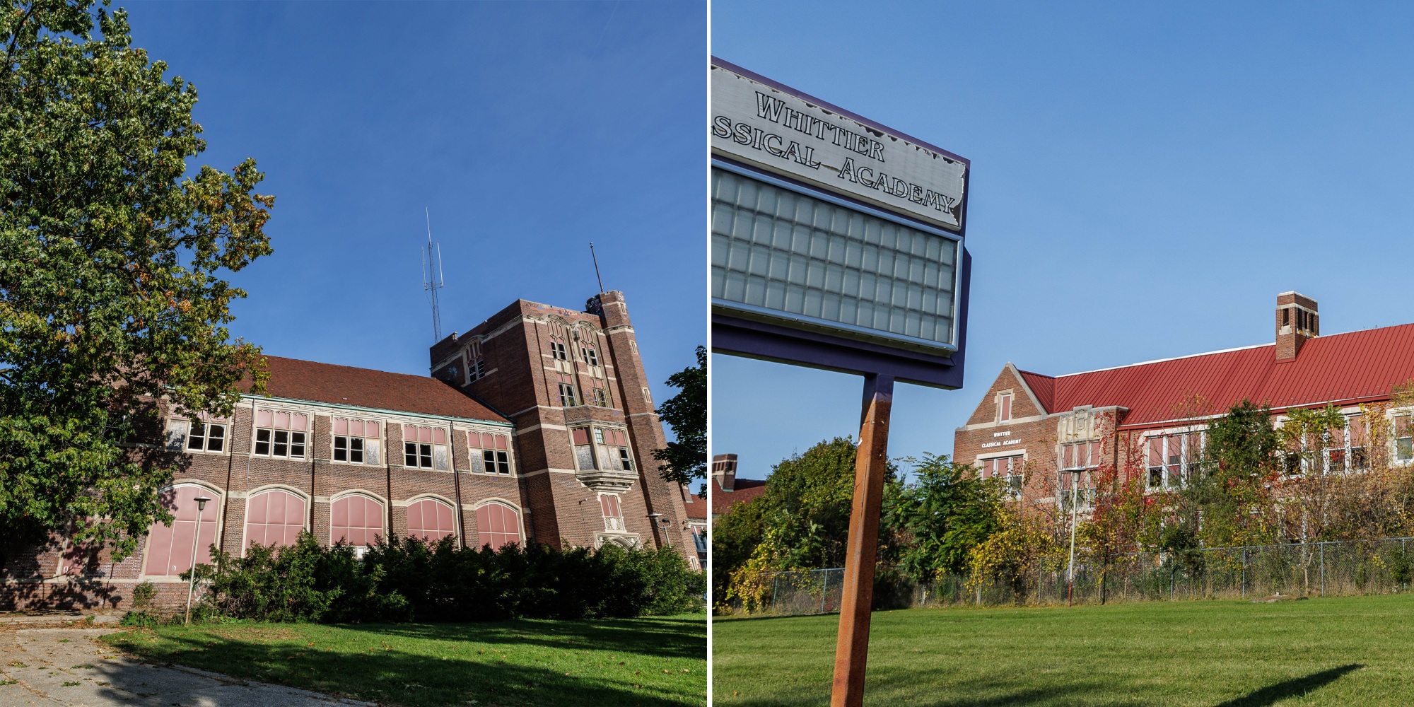 Exteriors of the former Flint Central High School (left) and the former Whittier Classical Academy (right).