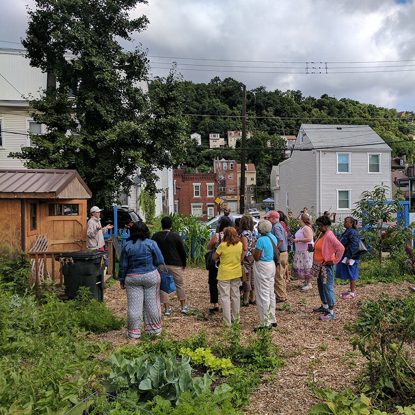A group listen to a speaker while standing in a large garden.