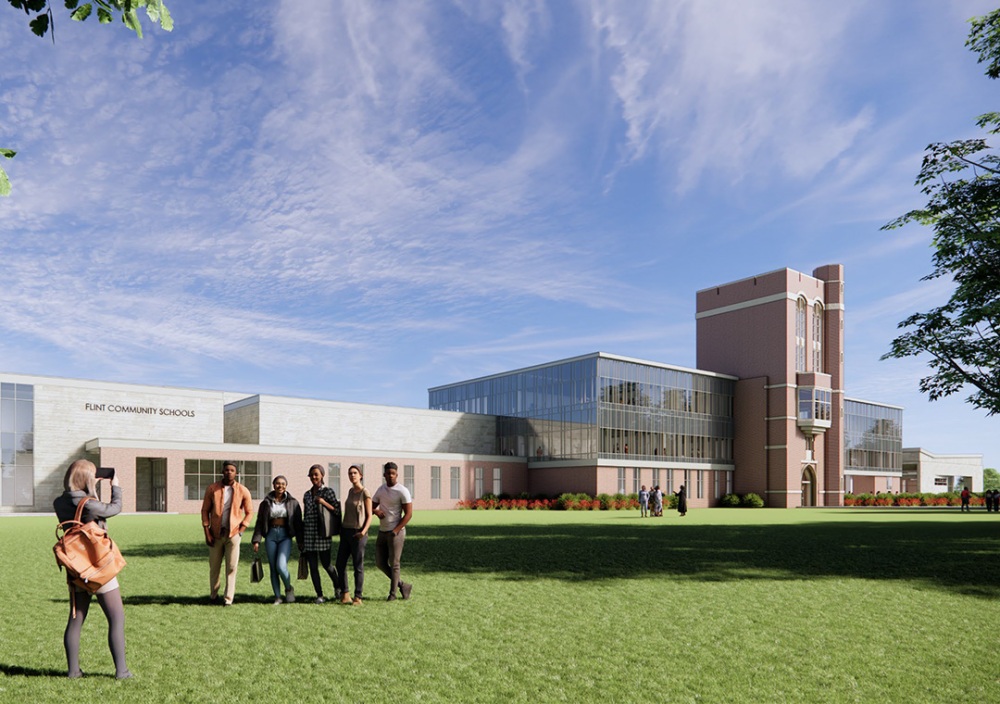 A rendering shows a possible design for a new Flint high school campus.