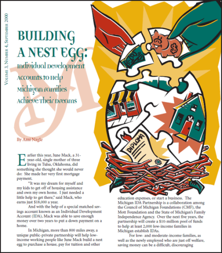 Cover of a Foundation publication with an article titled “Building a Nest Egg: Individual Development Accounts to Help Michigan Families Achieve Their Dreams”