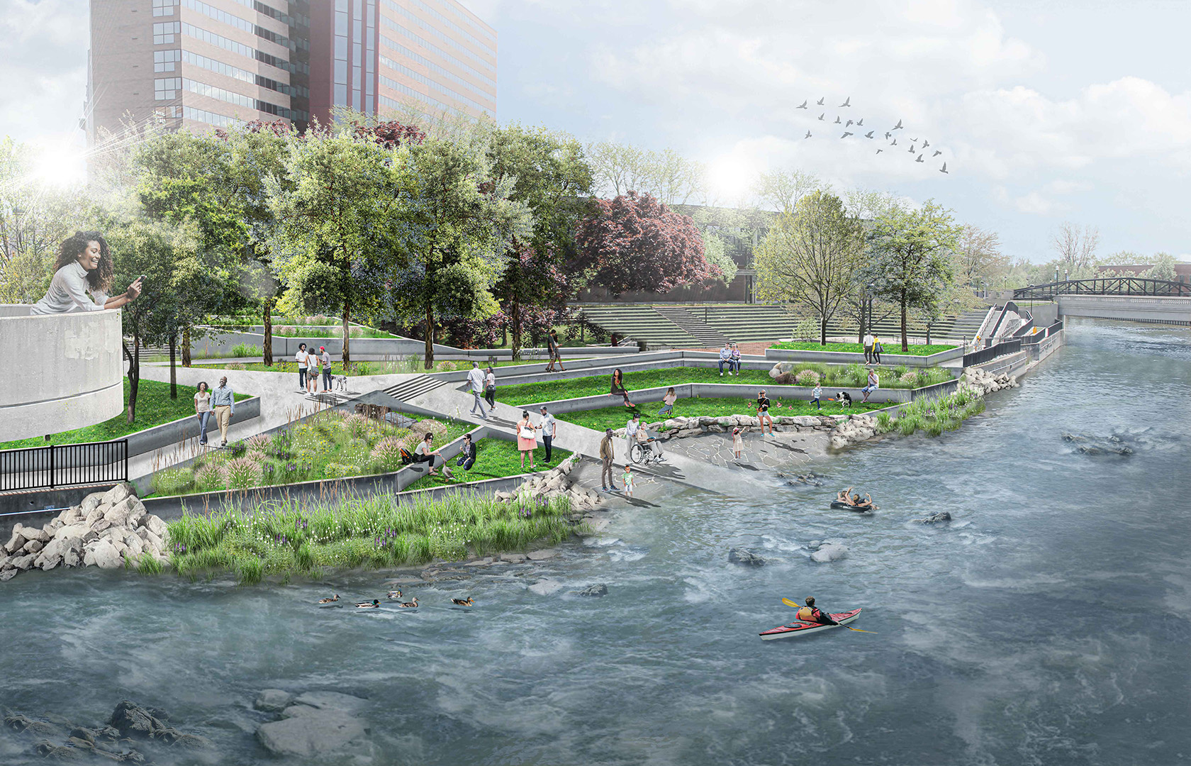 A rendering of the Flint riverfront featuring walking paths, grassy terraces, trees, and people enjoying the waterfront, with a kayaker paddling in the river below.