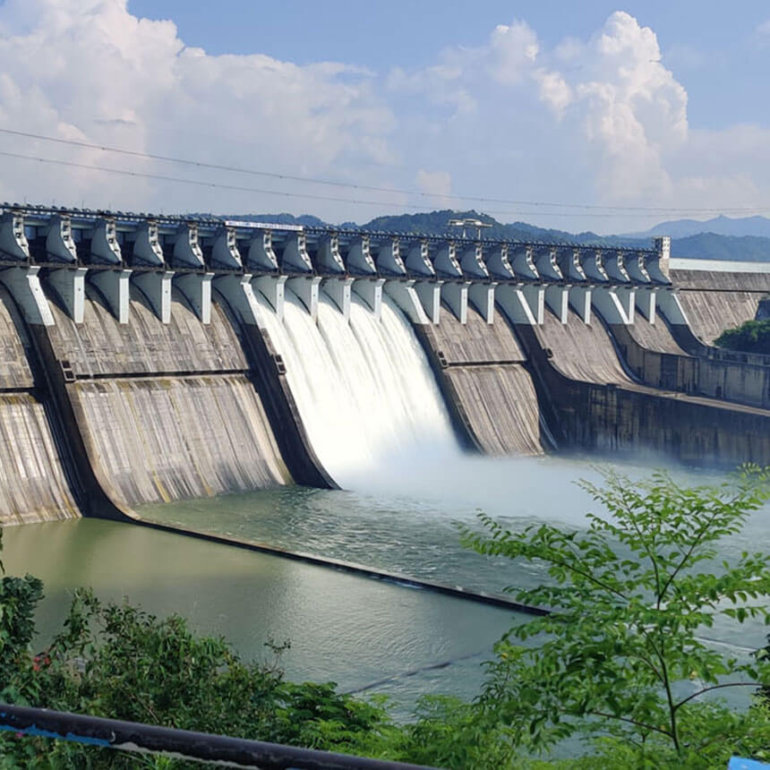 A large dam in a river.