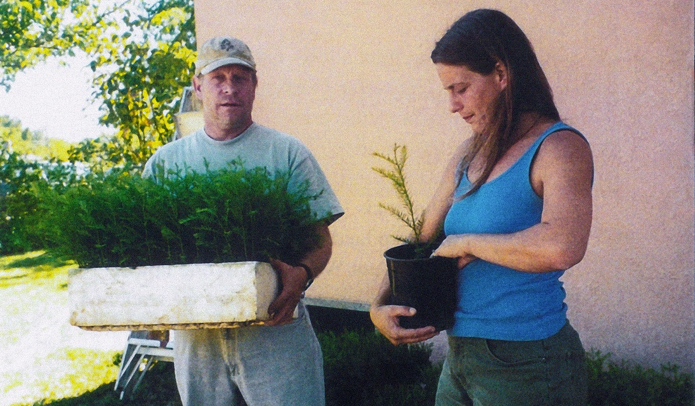 A photo of a man and a woman standing outside and in front of a pink-colored wall. The man is looking at the camera and is wearing a light blue sweatshirt and a tan baseball cap. He is holding a shallow white box filled with green seedlings. The woman is wearing a bright blue tank top and dark green pants, and is looking down at a green seedling in a black pot that she is holding in her hands.
