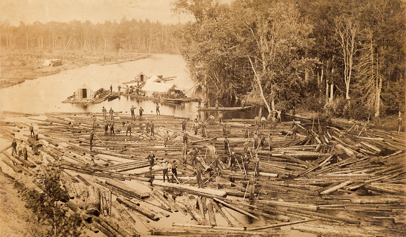 A log drive on a river, circa 1880-1890s.