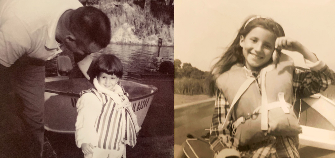 There are two black and white photos, side by side. The one on the left shows a man with dark hair leaning down over a little girl with brown hair. She is wearing a striped life jacket. They are standing in front of a canoe, and there is water in the background. In the photo on the right, the same year is now several years older. She has long, dark hair. She is sitting in a boat, smiling and holding up a very small fish.