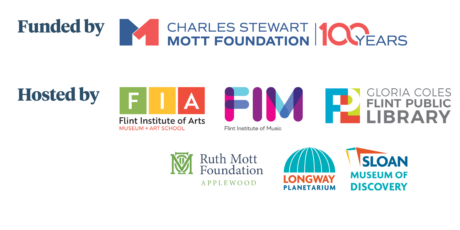 A bank of logos says funded by the Charles Stewart Mott Foundation. Hosted by the Flint Institute of Arts, Flint Institute of Music, Gloria Coles Flint Public Library, Ruth Mott Foundation, Longway Planetarium and Sloan Museum of Discovery.