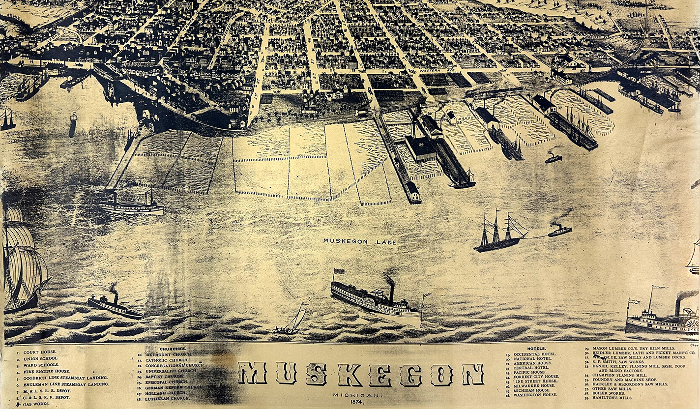 A map of Muskegon, Michigan, as it looked in 1874.