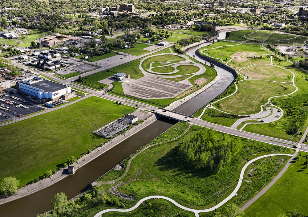 Aerial view of Chevy Commons shows the transformation of former industrial land into a vibrant public space along the Flint River.