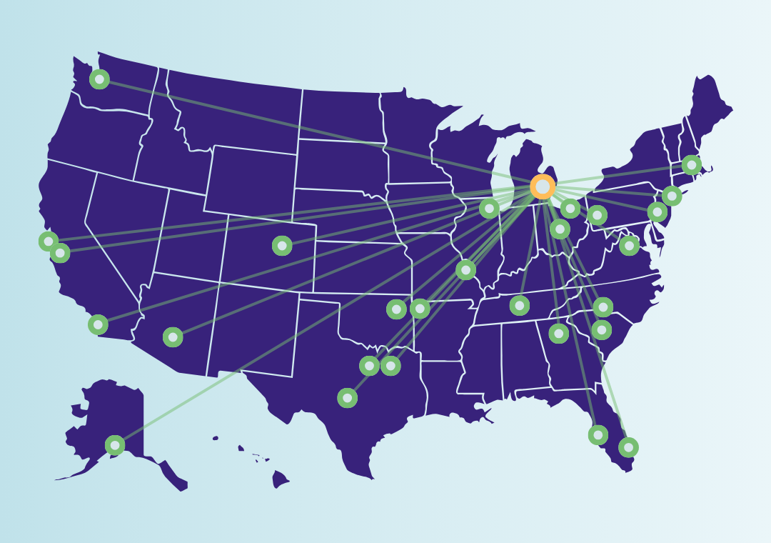 A map of the United States with multiple green circles scattered across various states, representing semifinalist locations. Each green circle is connected by a green line to a single larger yellow circle located in Flint, Michigan.