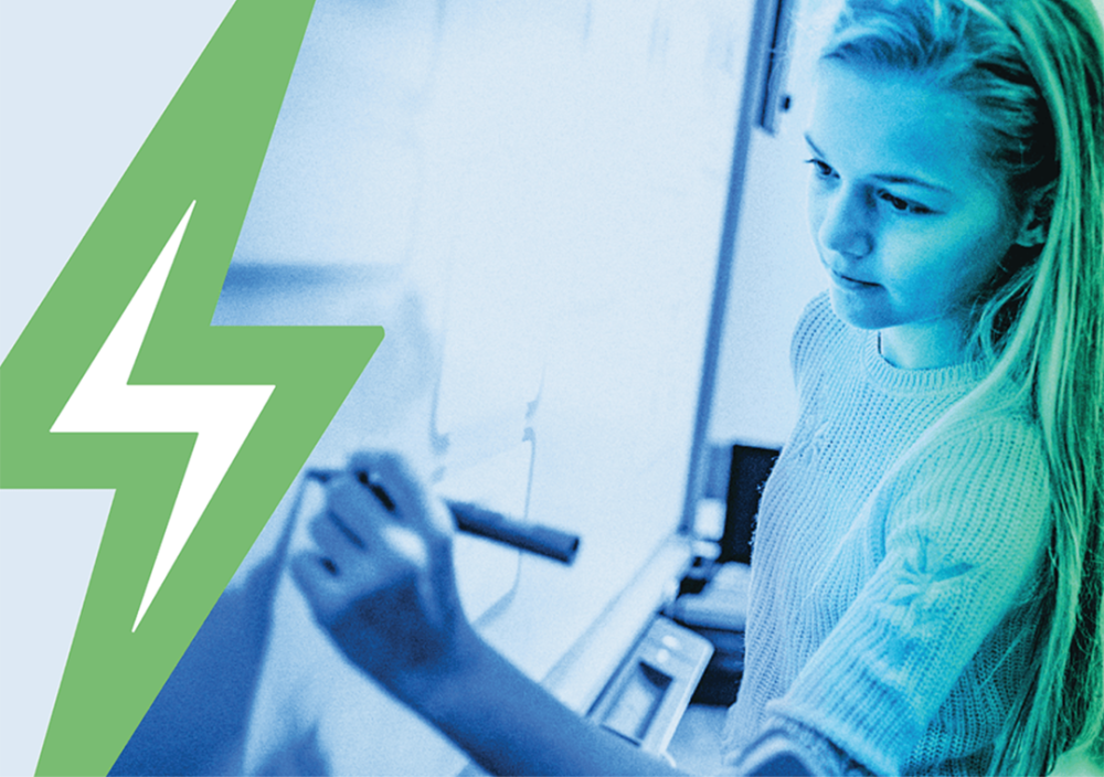A girl writes on a large whiteboard. An overlay of a green lightning bolt partially covers the photo.