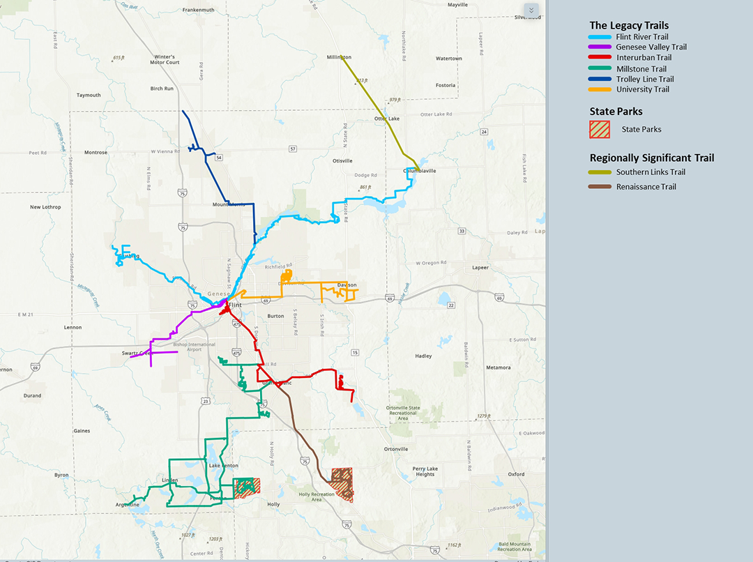 A map showing the The Legacy Trails system in Genesee County.